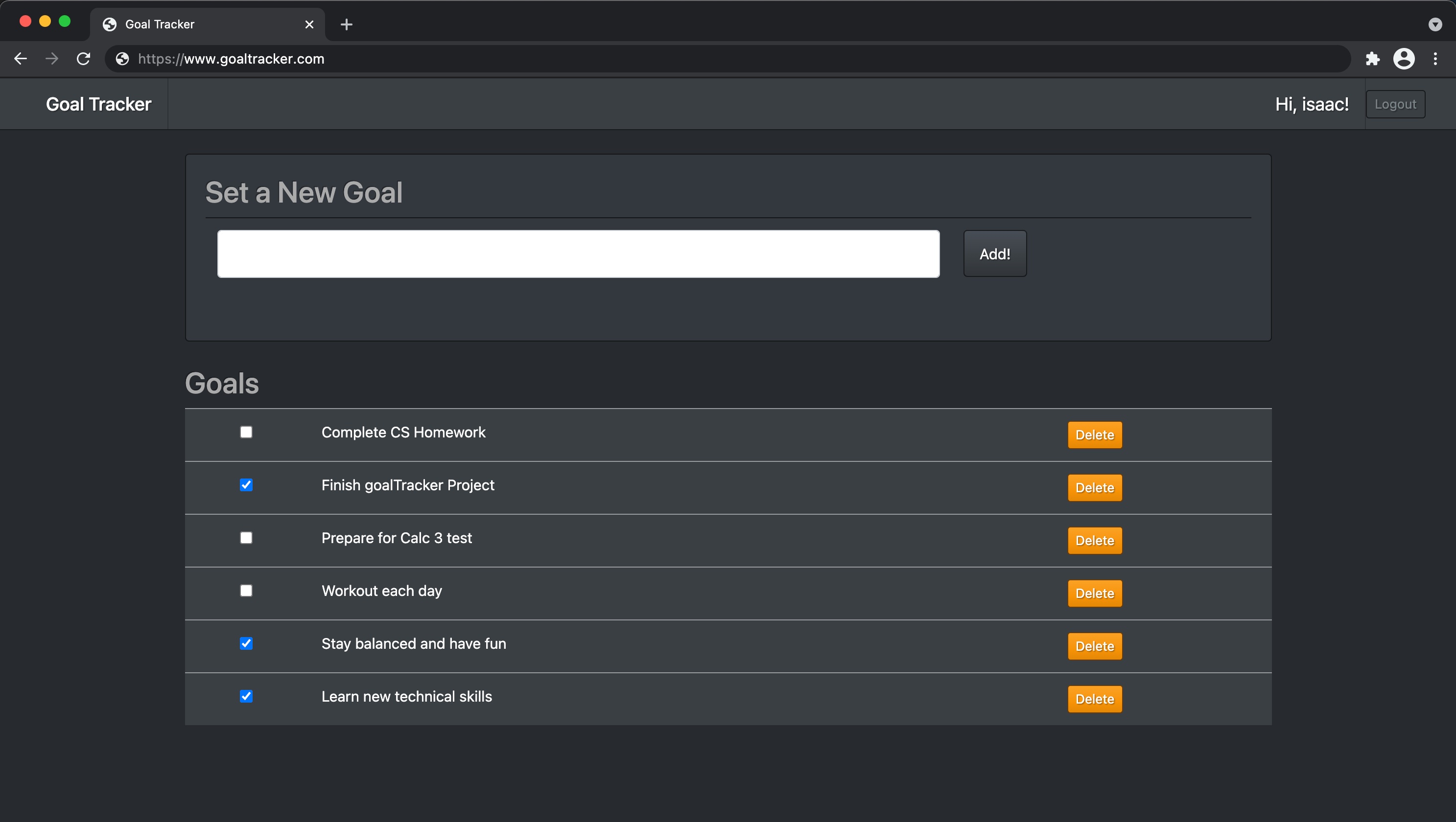 Goal Tracker Web-app Snapshot